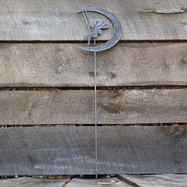 Metal Swinging Fairy Garden Stake - Steel Gardening Decor - Fantasy Moon Yard Art Marker