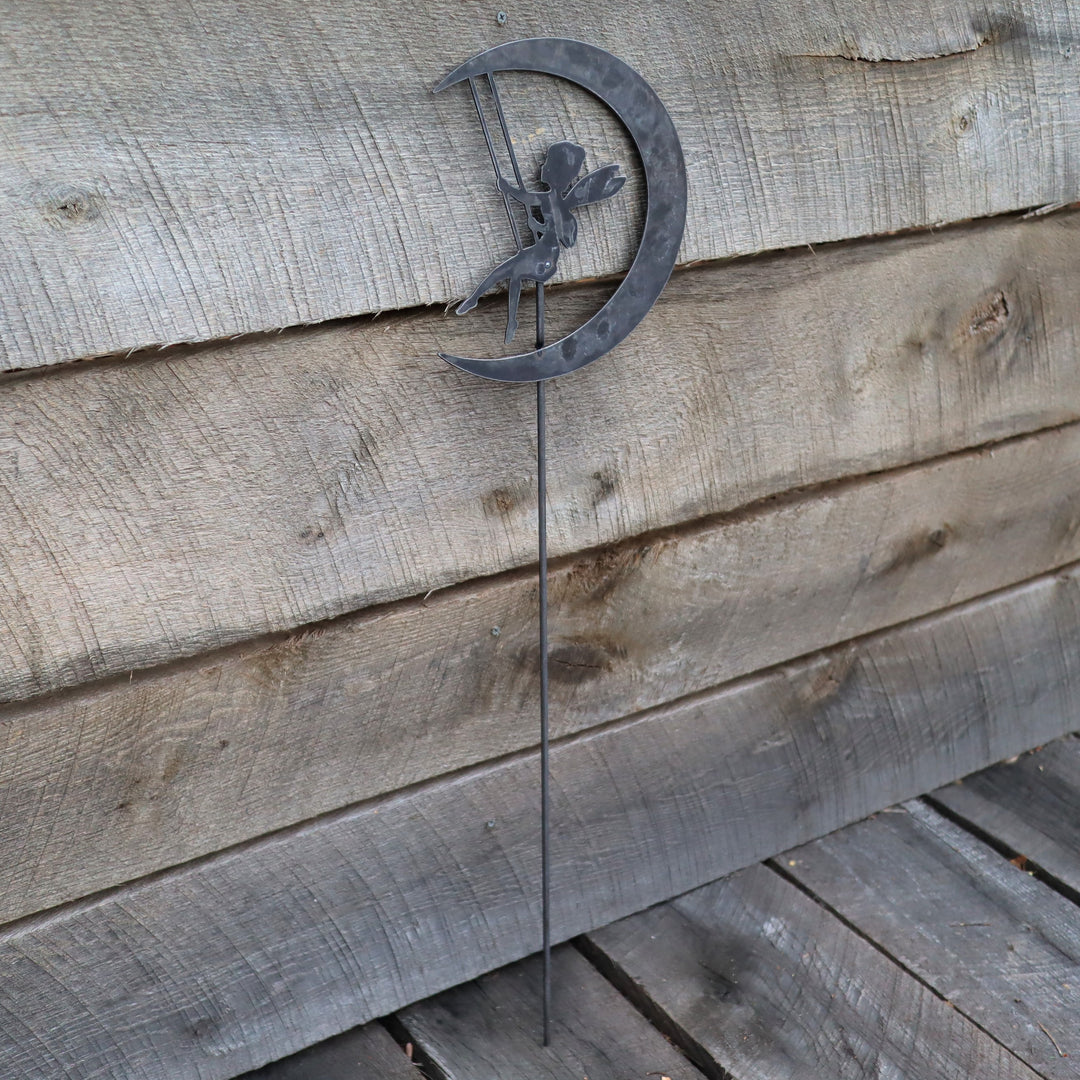 Metal Swinging Fairy Garden Stake - Steel Gardening Decor - Fantasy Moon Yard Art Marker