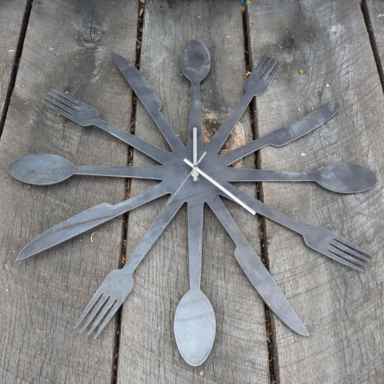 Foodie Metal Clock - Rustic Home Cutlery Wall Art - 24" Diameter with Spoons, Forks, and Knives
