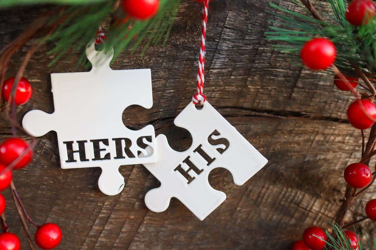 His & Hers Puzzle Piece Christmas Ornament - Holiday Stocking Stuffer Gift - Tree Home Decor