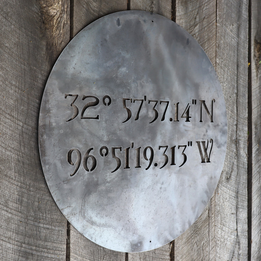 Personalized Minimalist Metal Coordinates Sign - Rustic Round Circle W ...