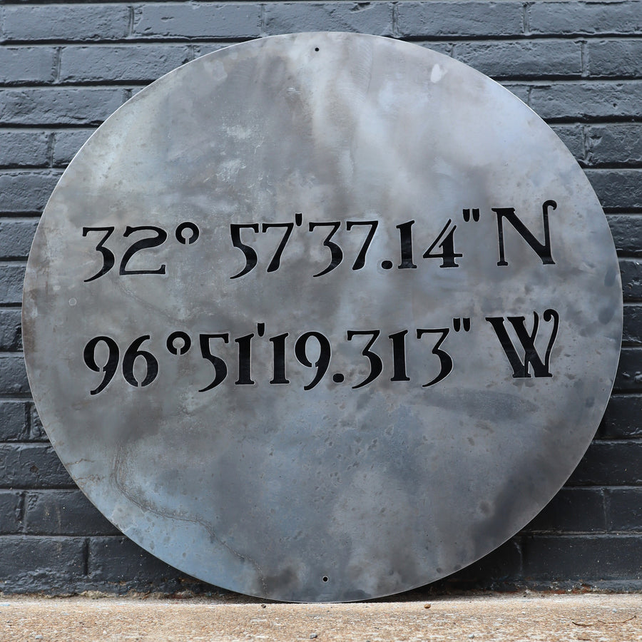 Personalized Minimalist Metal Coordinates Sign - Rustic Round Circle W ...