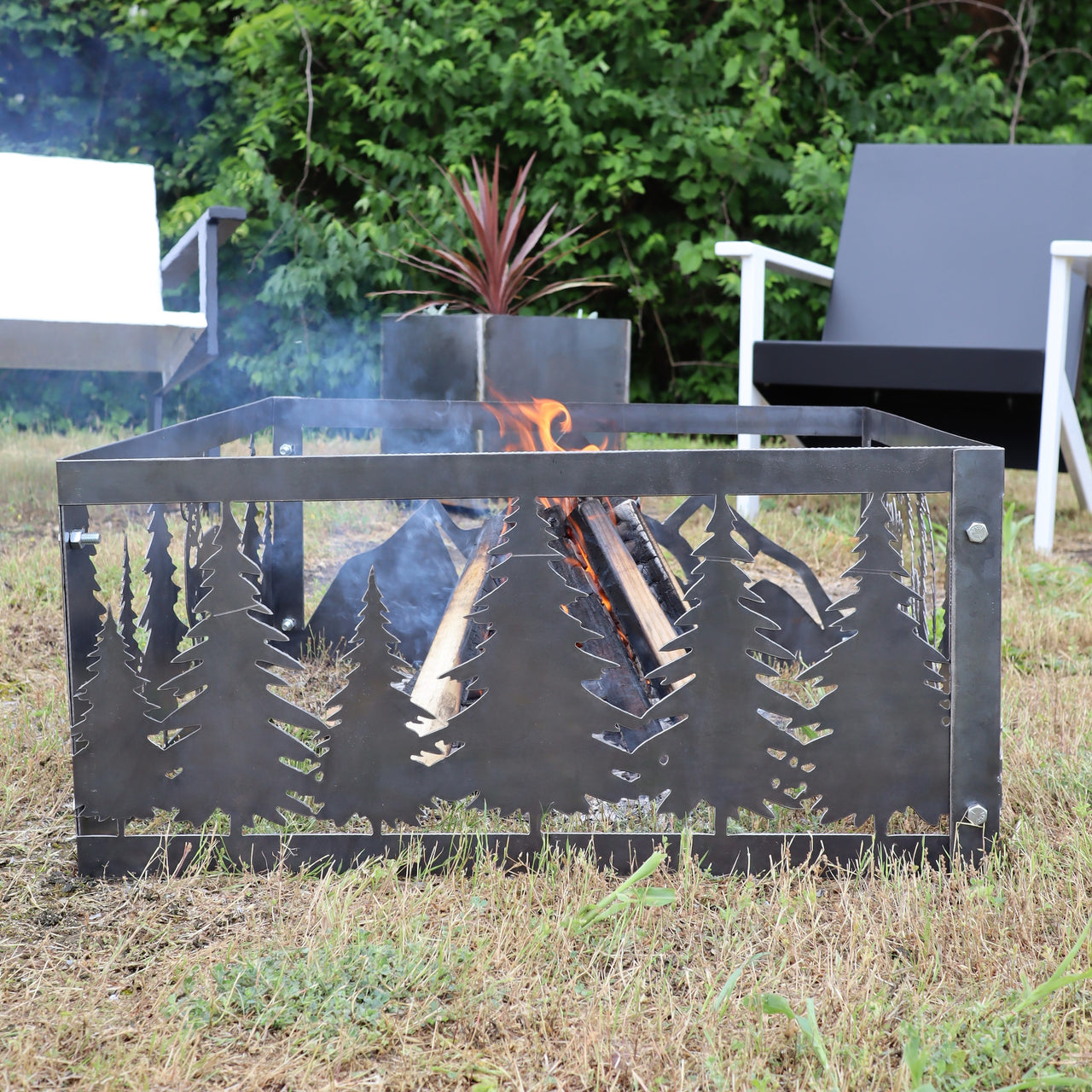 Tree Line Steel Fire Pit - Metal Outdoor Backyard Fire Ring - Wilderness Patio Decor