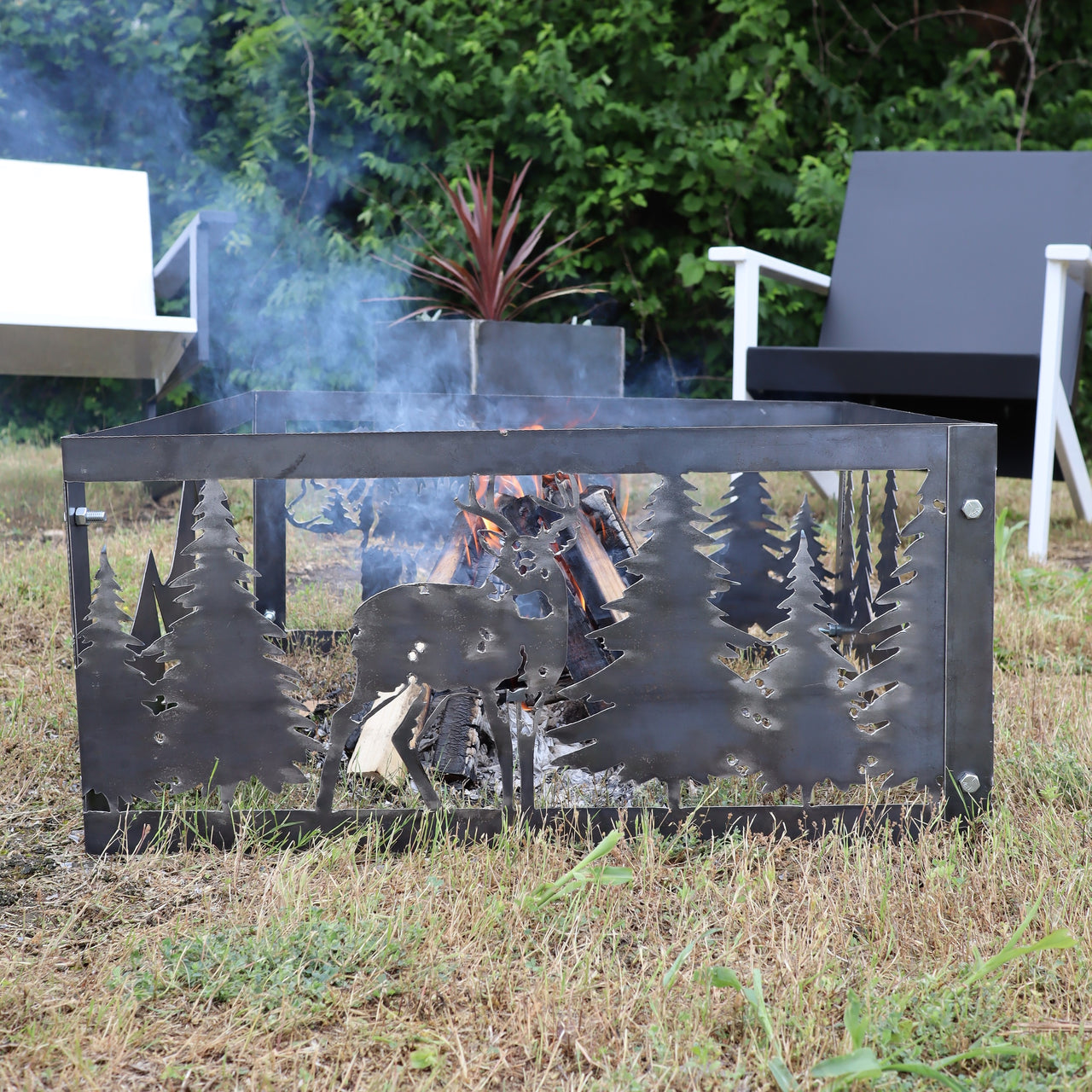Graceful Deer Steel Fire Pit - Metal Outdoor Backyard Fire Ring - Wilderness Buck Patio Decor