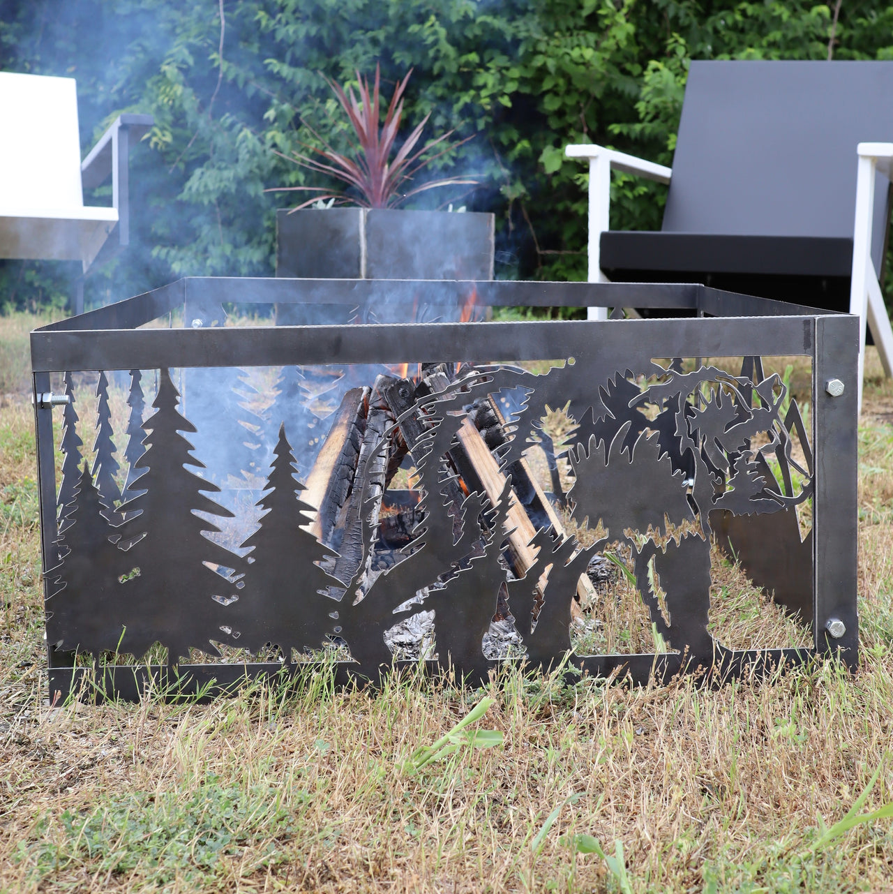 Roaming Bear Steel Fire Pit - Metal Outdoor Backyard Fire Ring - Wilderness Patio Decor
