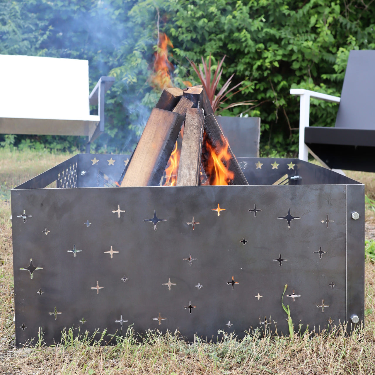 Twinkling Stars Steel Fire Pit - Metal Outdoor Backyard Fire Ring - Starry Night Patio Decor