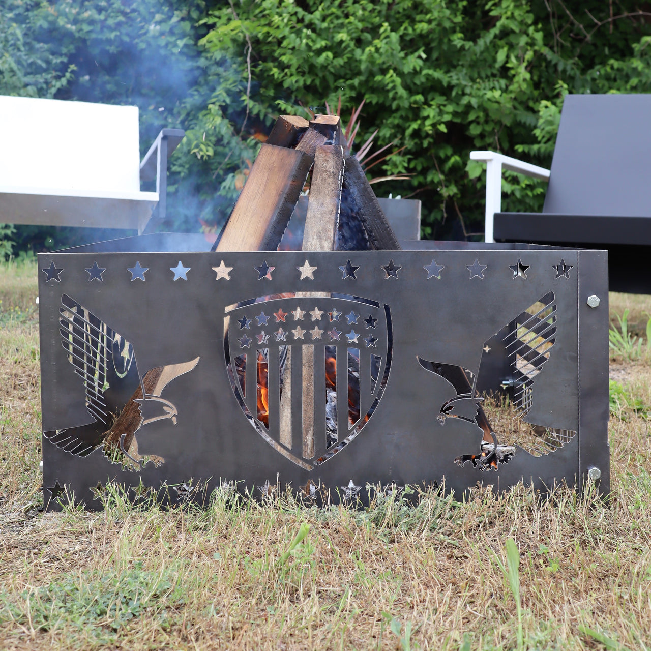 Patriotic Eagles Steel Fire Pit - Metal Outdoor Backyard Fire Ring - American Shield Patio Decor