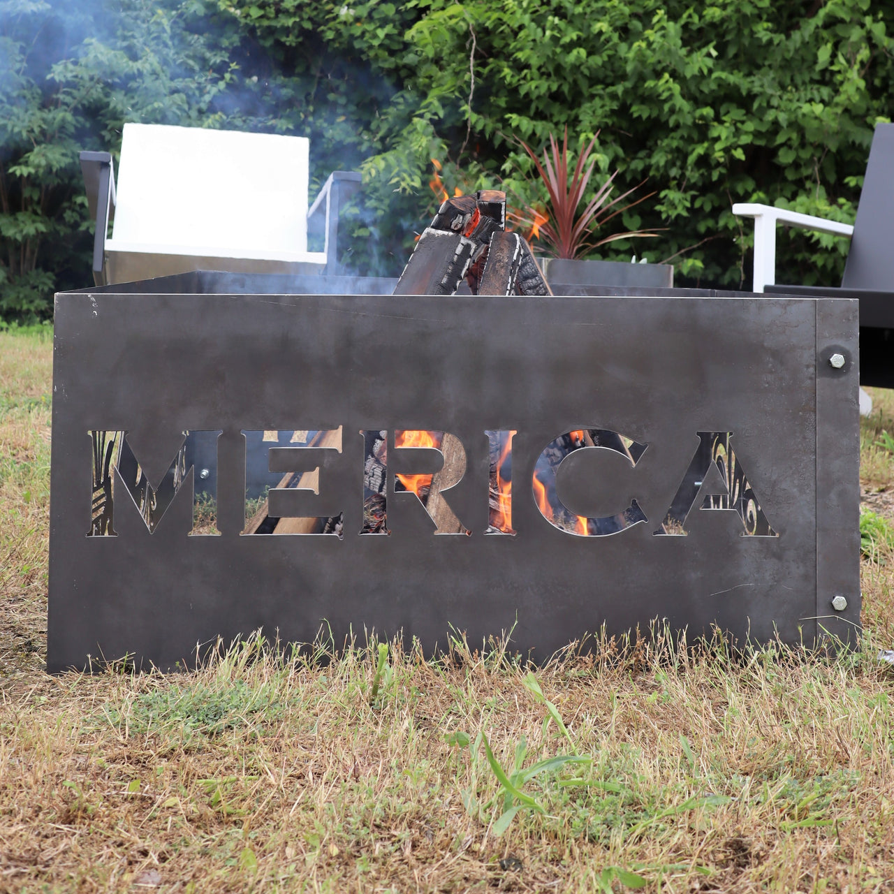 Merica Steel Fire Pit - Metal Outdoor Backyard Fire Ring - Patriotic America Patio Decor
