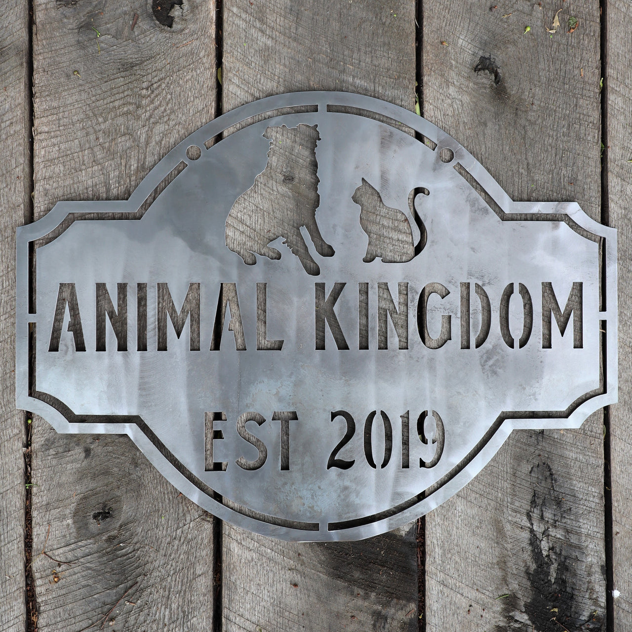 Personalized Hanging Metal Animal Sign - Vintage Family Name Decor - Dog and Cat Wall Art