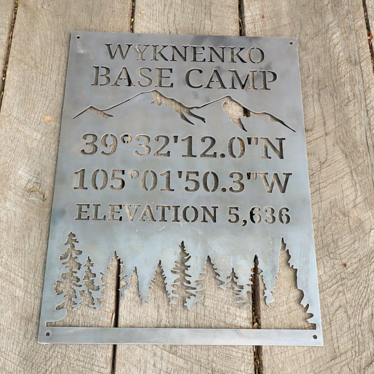 Personalized Base Camp Coordinates & Elevation Sign - Custom Metal Mountain and Trees Camping Decor - Welcome, Cabin Wall Art