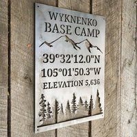 Thumbnail for Personalized Base Camp Coordinates & Elevation Sign - Custom Metal Mountain and Trees Camping Decor - Welcome, Cabin Wall Art