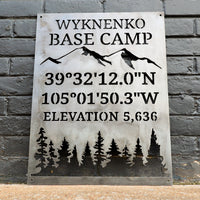 Thumbnail for Personalized Base Camp Coordinates & Elevation Sign - Custom Metal Mountain and Trees Camping Decor - Welcome, Cabin Wall Art