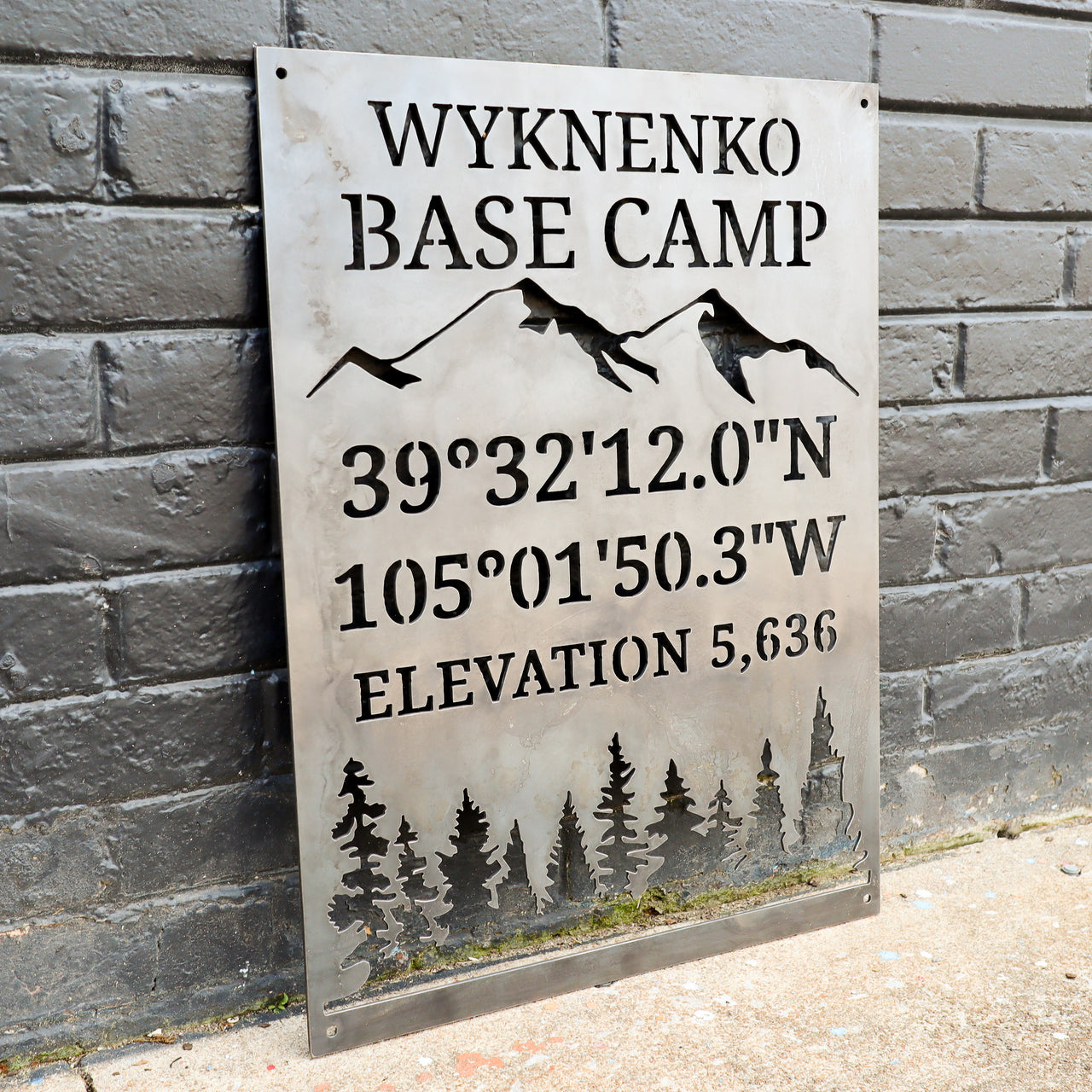 Personalized Base Camp Coordinates & Elevation Sign - Custom Metal Mountain and Trees Camping Decor - Welcome, Cabin Wall Art