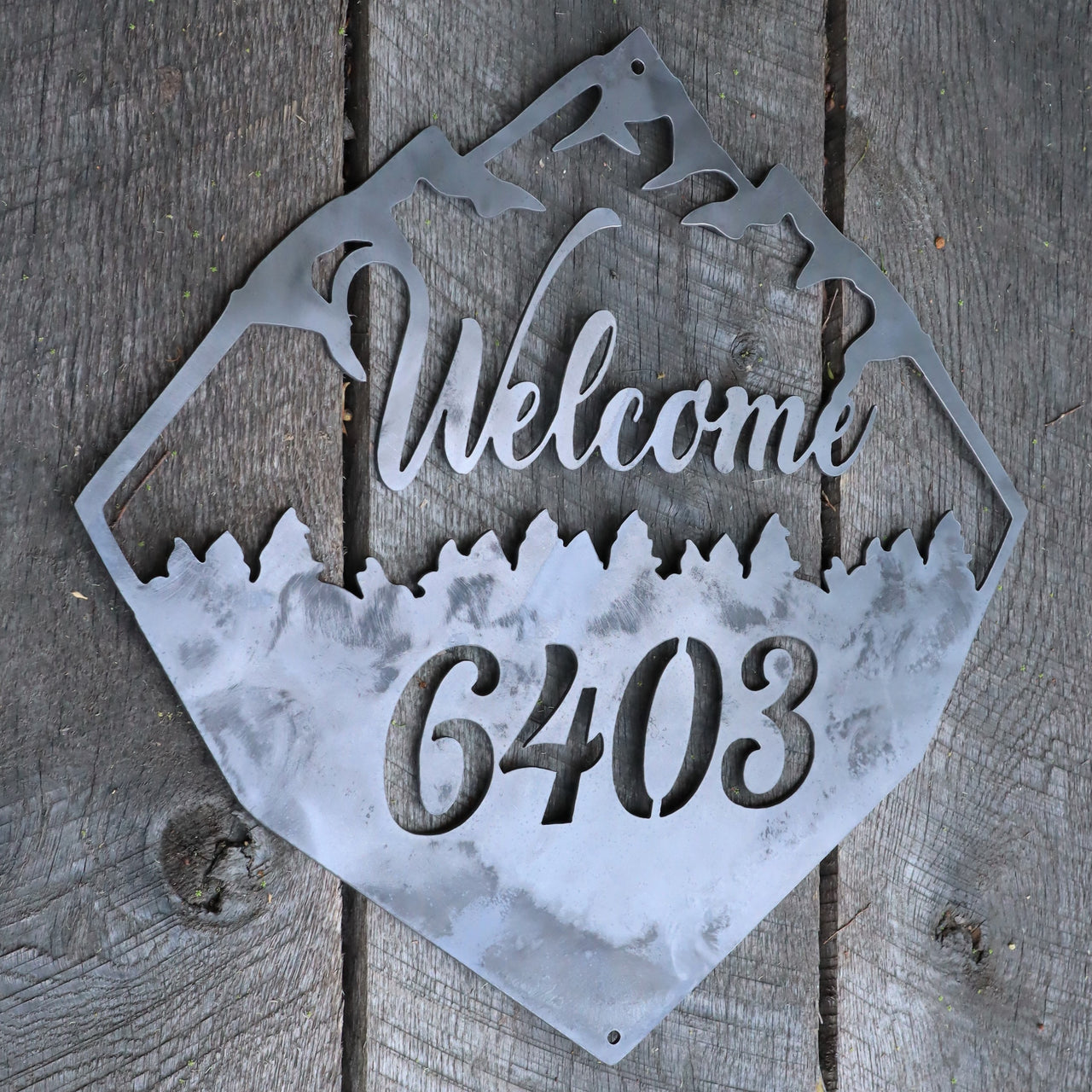 Rustic Welcome Sign - Metal Address House Number - Mountain and Forest Decor