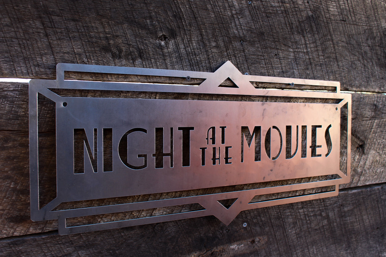 Night at The Movies Art Deco Marquee Sign - Vintage Metal Cinema Decor - Home Theater Wall Art - Movie Room - Retro Film Art - Free Shipping