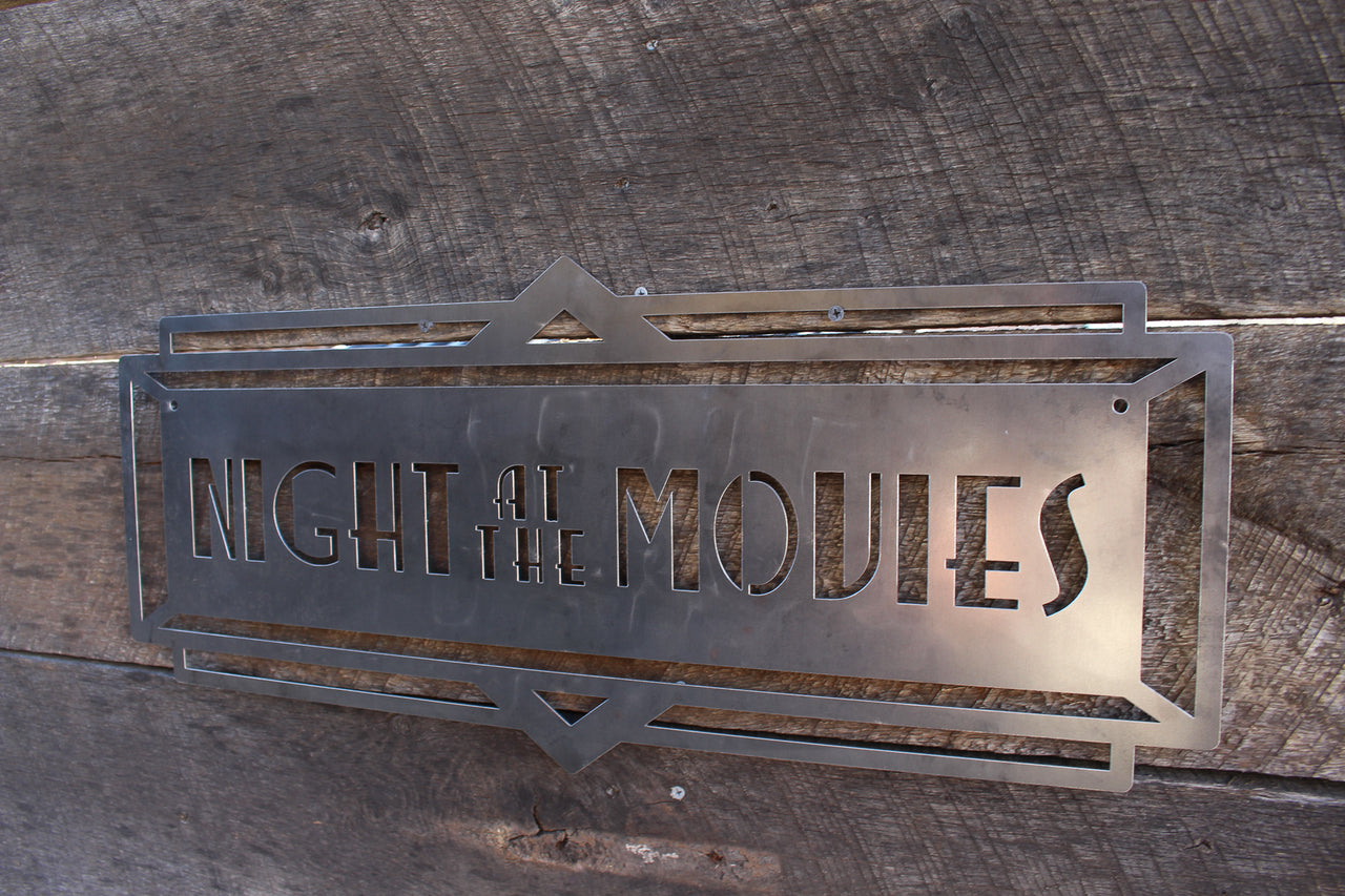 Night at The Movies Art Deco Marquee Sign - Vintage Metal Cinema Decor - Home Theater Wall Art - Movie Room - Retro Film Art - Free Shipping