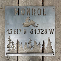Thumbnail for Personalized Metal Winter Coordinates Sign - Rustic Ski Lodge Address Decor - Snowmobile Cabin Wall Art