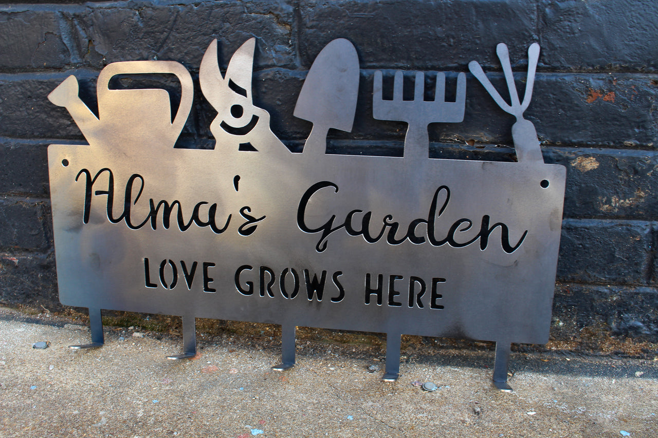 Love Grows Here Garden Tool Rack - Personalized Tool Rack with Hooks - Custom Garden Hanger - Personalized Garden Accessory