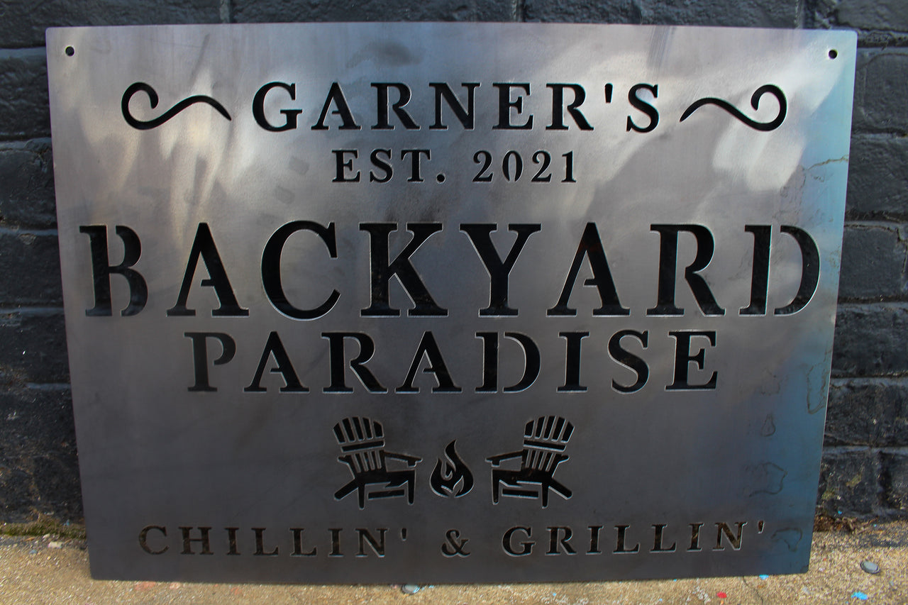 Garner's Backyard Paradise Metal Sign - Custom Metal Backyard Sign - Personalized Patio Decor - Custom Outdoor Home Wall Art