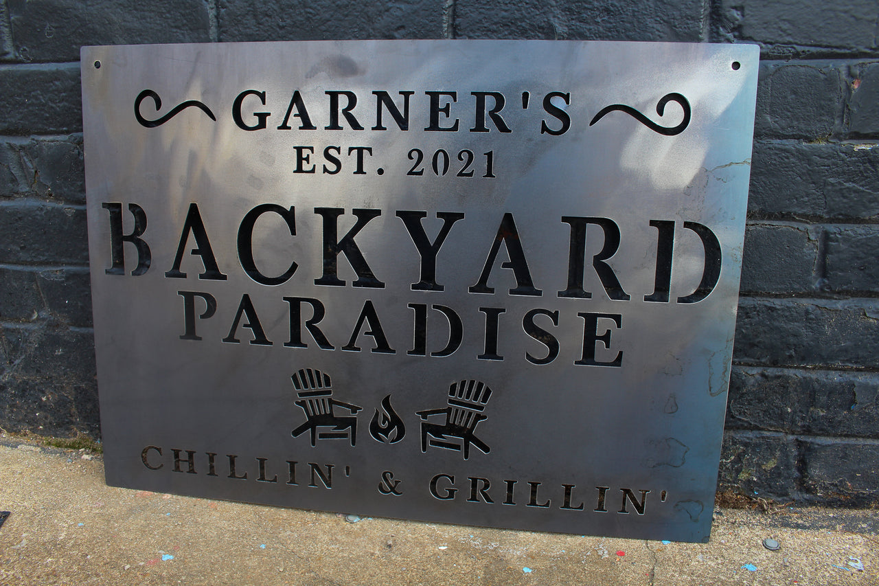 Garner's Backyard Paradise Metal Sign - Custom Metal Backyard Sign - Personalized Patio Decor - Custom Outdoor Home Wall Art