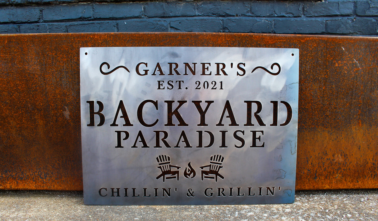 Garner's Backyard Paradise Metal Sign - Custom Metal Backyard Sign - Personalized Patio Decor - Custom Outdoor Home Wall Art