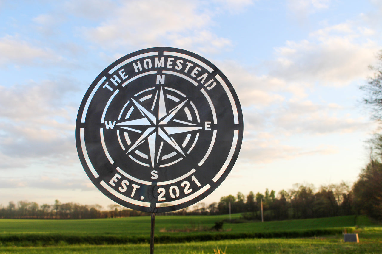 The Homestead Compass Rose Garden Stake - Custom Rustic Metal Garden Decor - Memorial Yard Marker - Custom Est. Date
