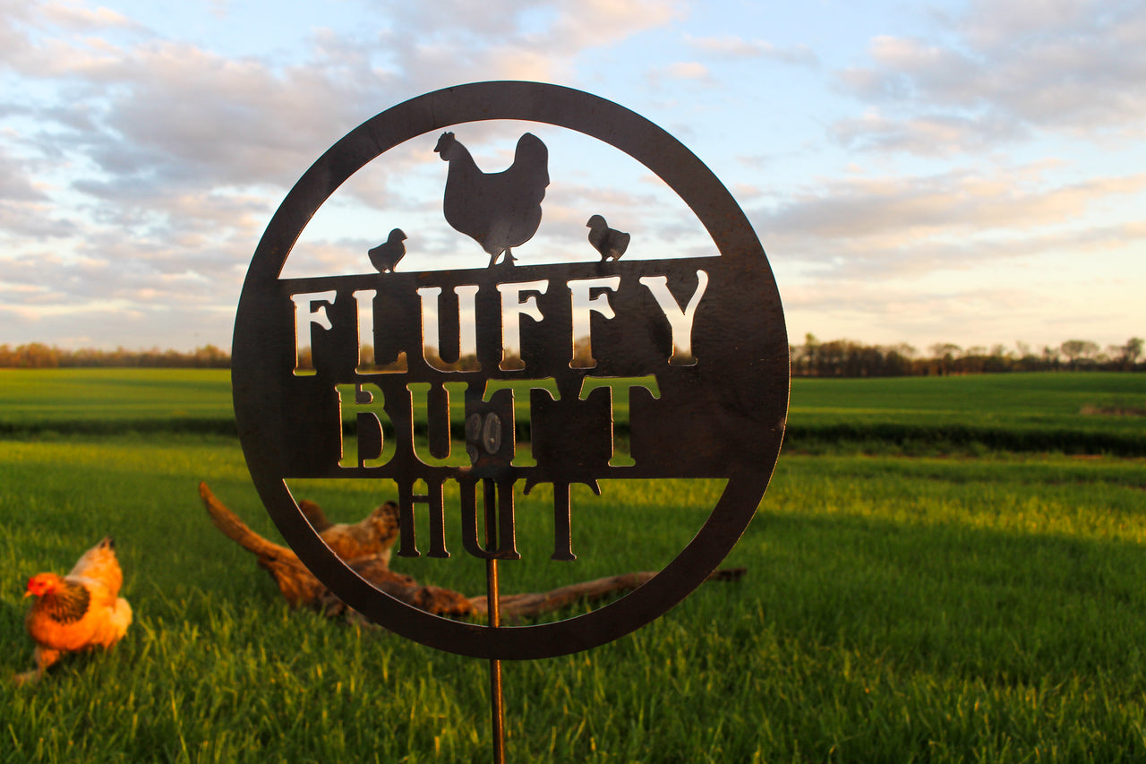 Fluffy Butt Hut - Metal Chicken Coop Garden Stake - Chicken Lawn Decor - Funny Farmhouse Yard Art - Homestead Garden Decor