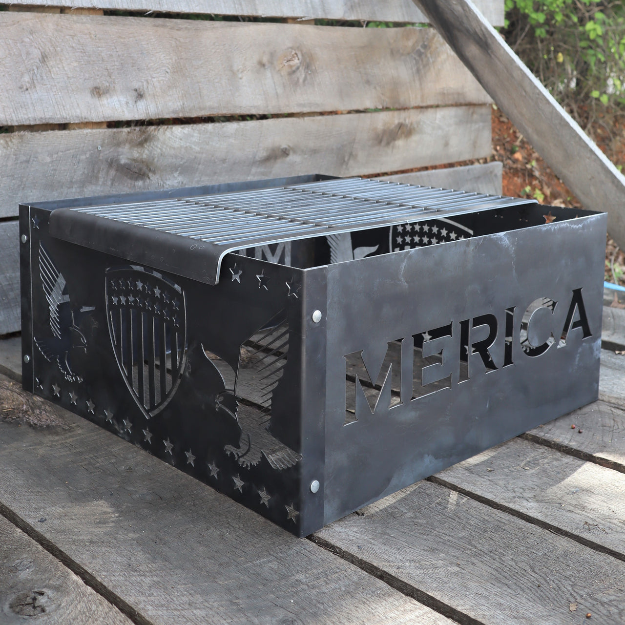 Steel Fire Pit Grill - Metal Outdoor Backyard Cooking Grate - Fourth of July Patio Camping Decor