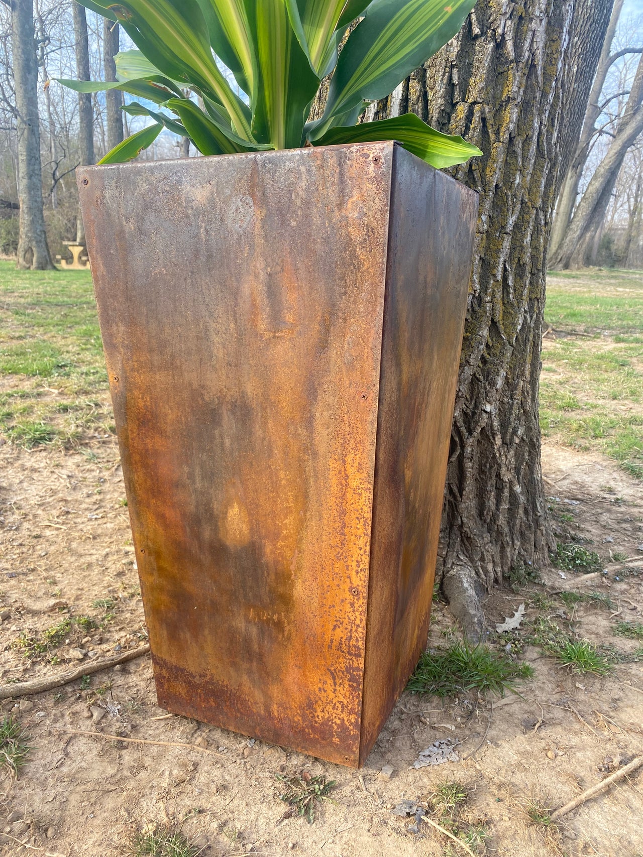 Pedestal Metal Planter - 14" x 14" x 26" Tall Large Planter - Front Door Decor - Planter Pot - Raw Steel Will Develop Natural Rusty Patina - Minimalist