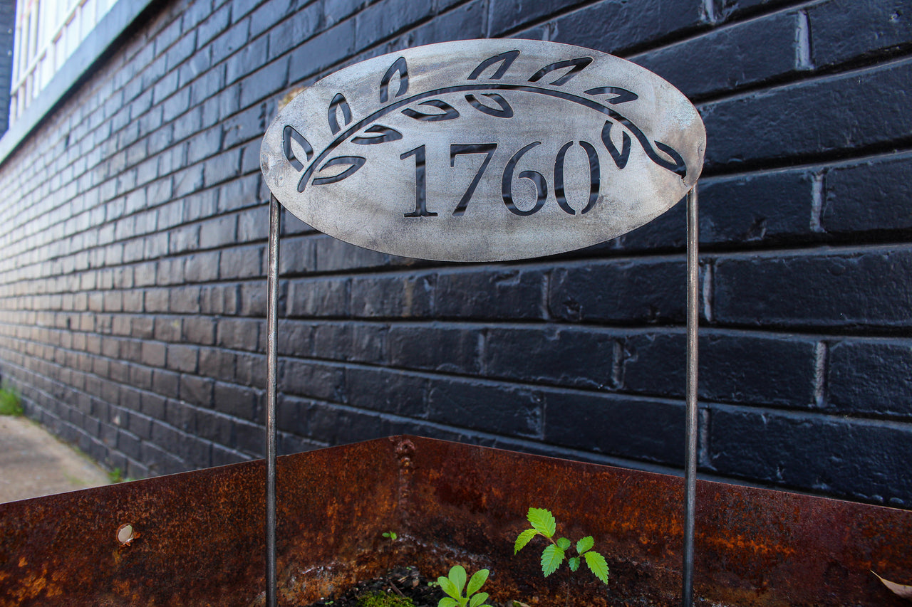 Personalized Address Stake - Custom House Number - Metal Floral Address Sign - Round Oval Address Marker - Planter Decoration