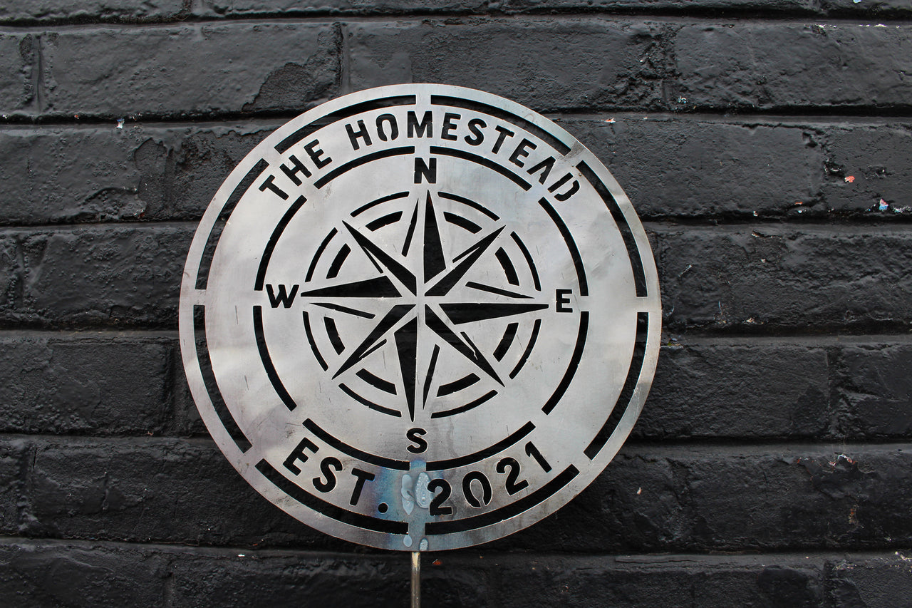 The Homestead Compass Rose Garden Stake - Custom Rustic Metal Garden Decor - Memorial Yard Marker - Custom Est. Date