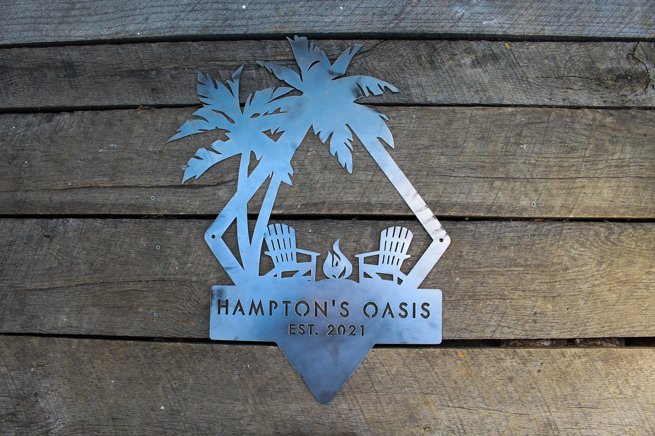 Personalized Oasis Beach House Sign - Custom Metal Beach Home Decor - Nautical Wall Art - Personalized Beach Sign - Palm Tree