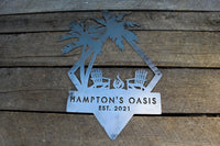 Thumbnail for Personalized Oasis Beach House Sign - Custom Metal Beach Home Decor - Nautical Wall Art - Personalized Beach Sign - Palm Tree