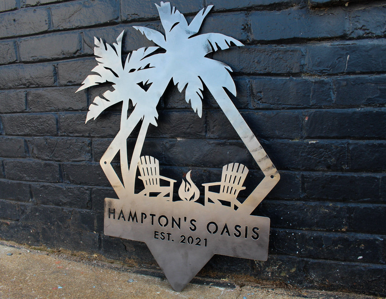 Personalized Oasis Beach House Sign - Custom Metal Beach Home Decor - Nautical Wall Art - Personalized Beach Sign - Palm Tree