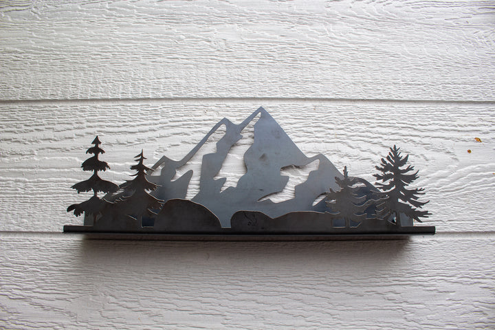 Floating Metal Shelf with Mountain and Trees