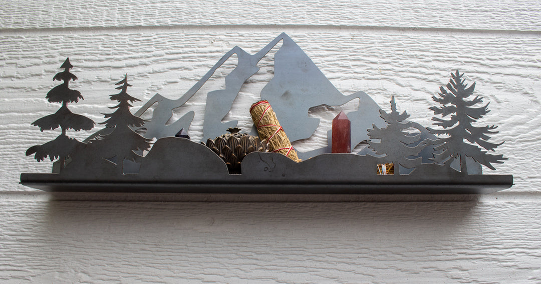 Floating Metal Shelf with Mountain and Trees