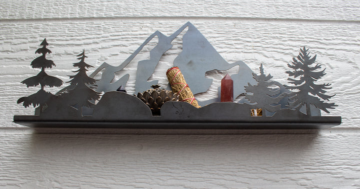 Floating Metal Shelf with Mountain and Trees
