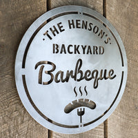 Thumbnail for Personalized Metal Family Backyard Barbeque Sign - Outdoor Last Name Grilling BBQ Patio Decor - Man Cave Wall Art