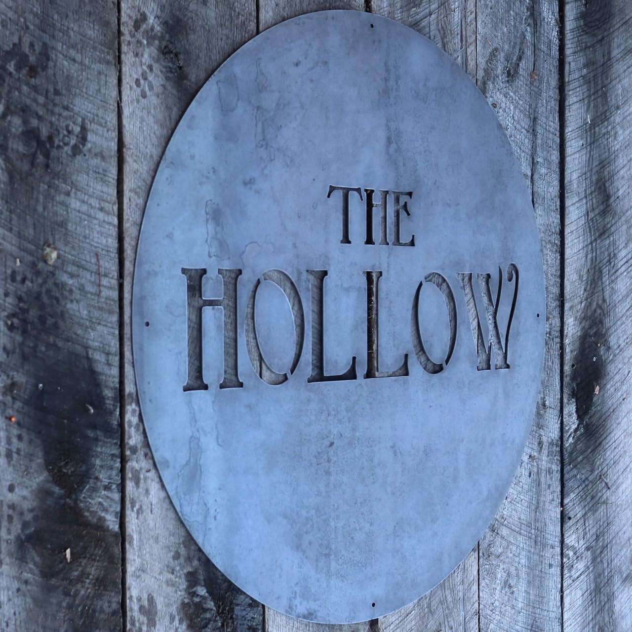 Personalized Minimalist Metal Circle Sign - The Hollow -  Rustic Round Wall Decor