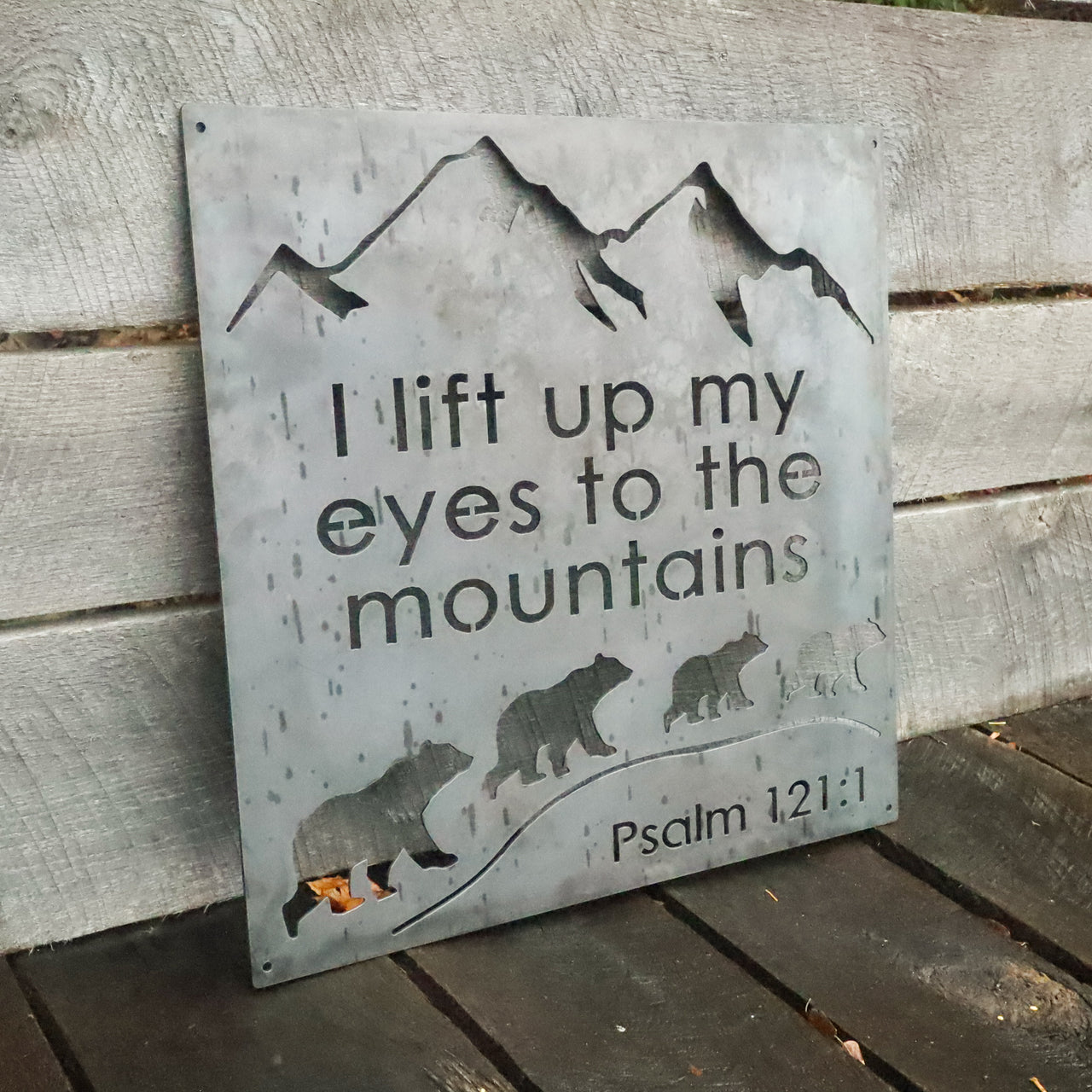 I lift up my Eyes to the Mountains and Bears Metal Sign - Inspirational Bible Quote Wall Art - Rustic Religious Home Decor
