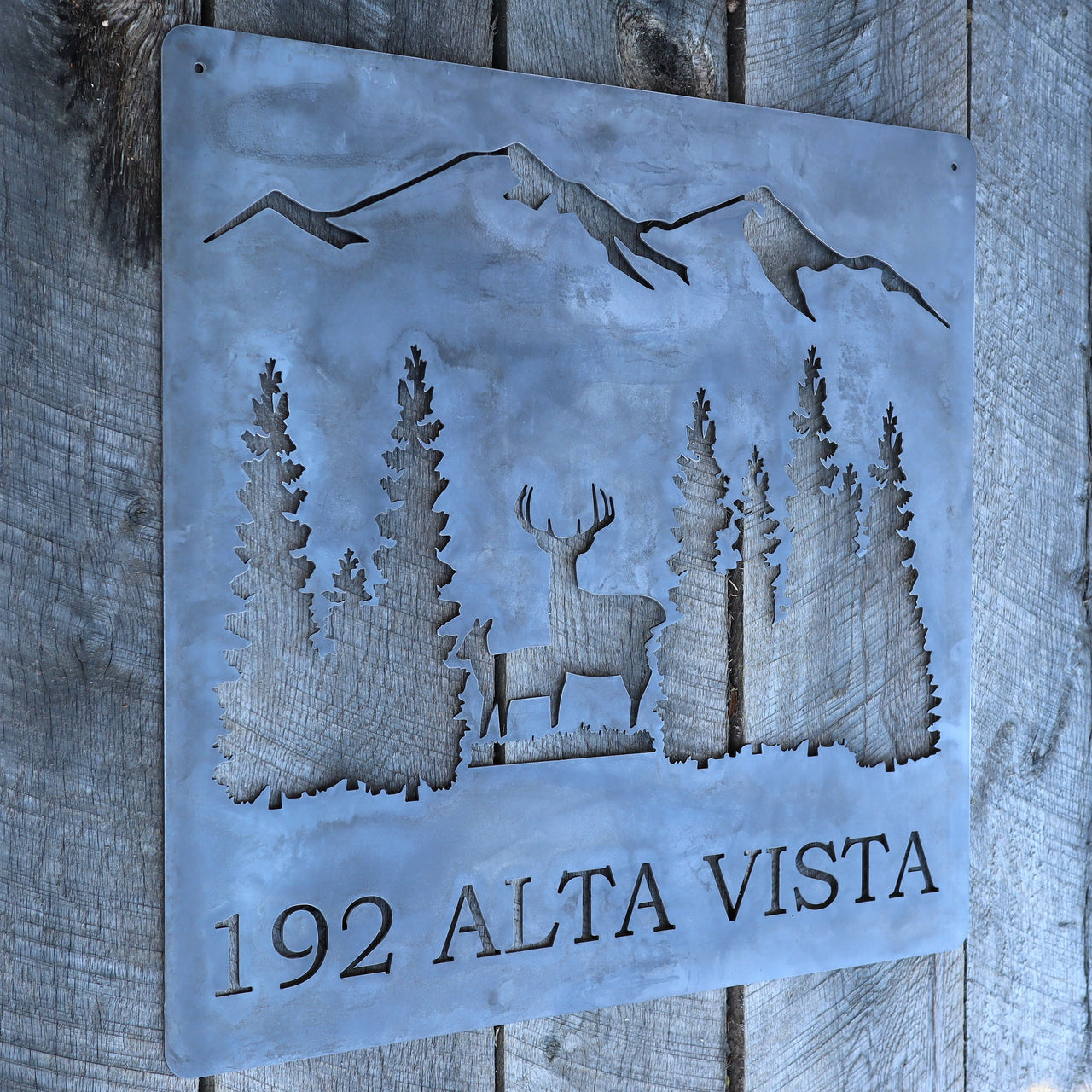 Personalized Rustic Address Metal Sign - Forest and Deer Wall Art - Mountain Decor
