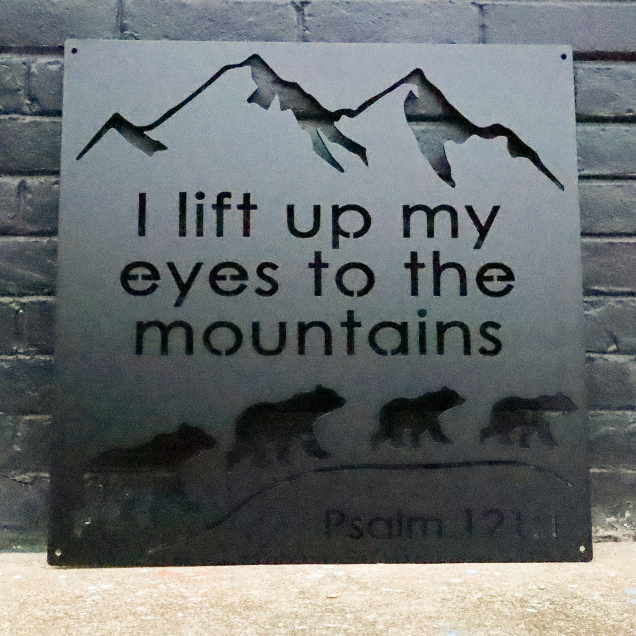 I lift up my Eyes to the Mountains and Bears Metal Sign - Inspirational Bible Quote Wall Art - Rustic Religious Home Decor