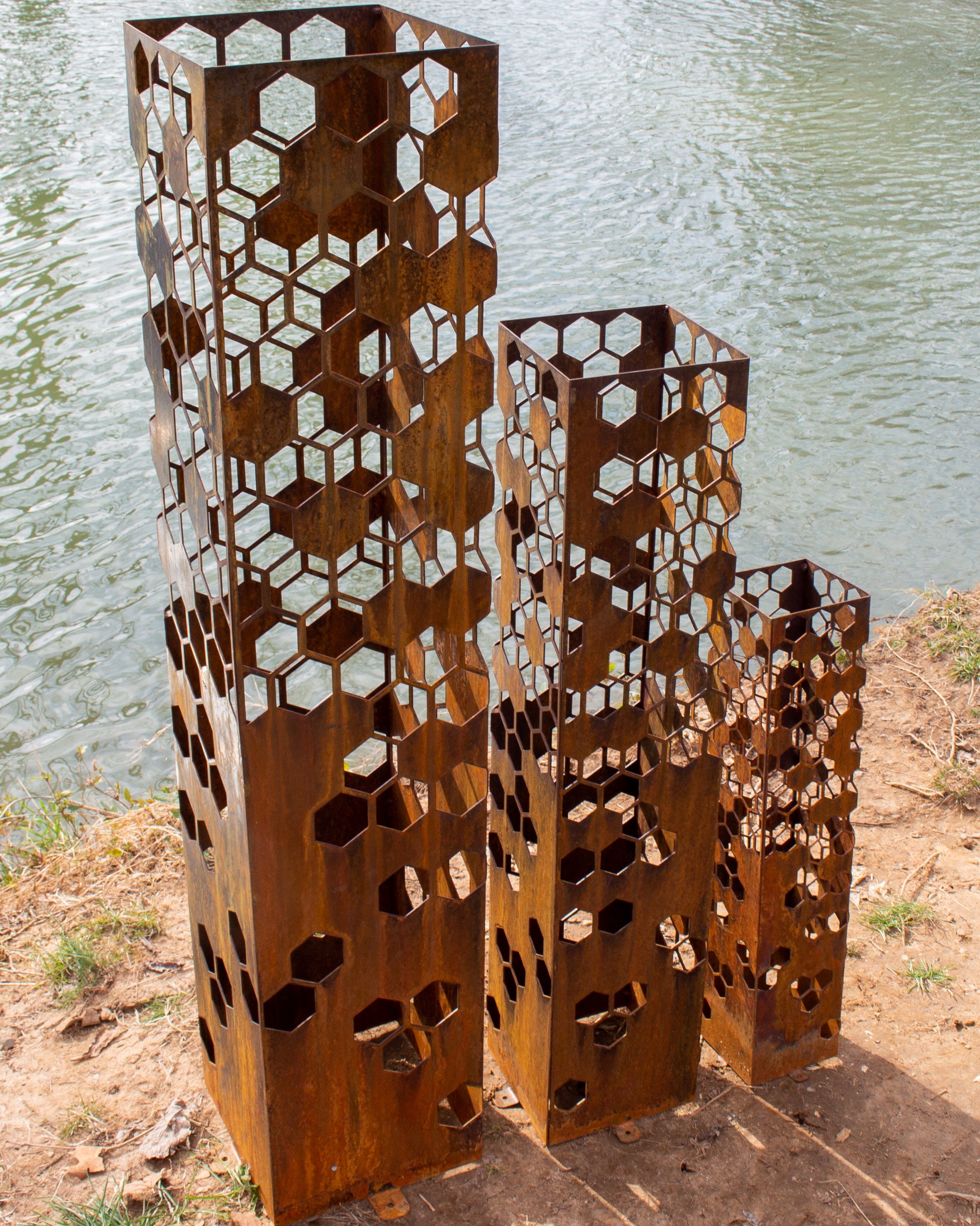 Beehive Garden Column | Rusted Steel Landscape Sculpture