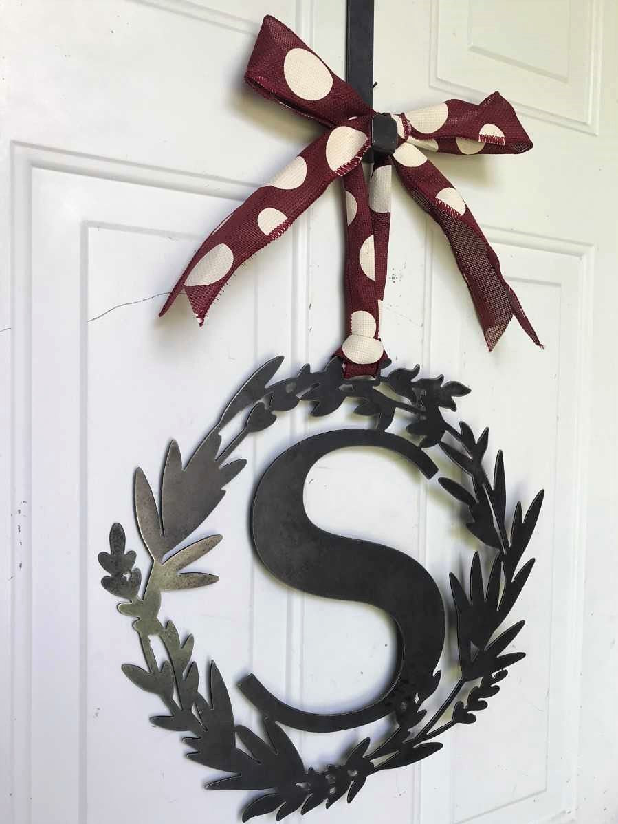 Custom Metal Monogram Modern Spring Wreath - Initial Letter Front Door Hanger Decor
