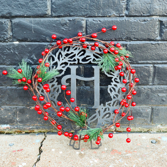 Custom Metal Monogram Christmas Wreath - Initial Letter Front Door Hanger Decor