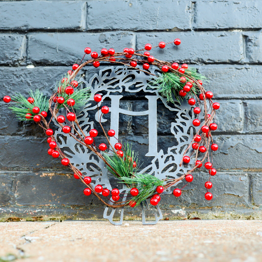 Custom Metal Monogram Christmas Wreath - Initial Letter Front Door Hanger Decor