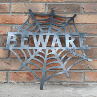 Thumbnail for BEWARE Spider Web - Halloween Decorations, Door Hanger, Wall Decor - Custom Metal Sign