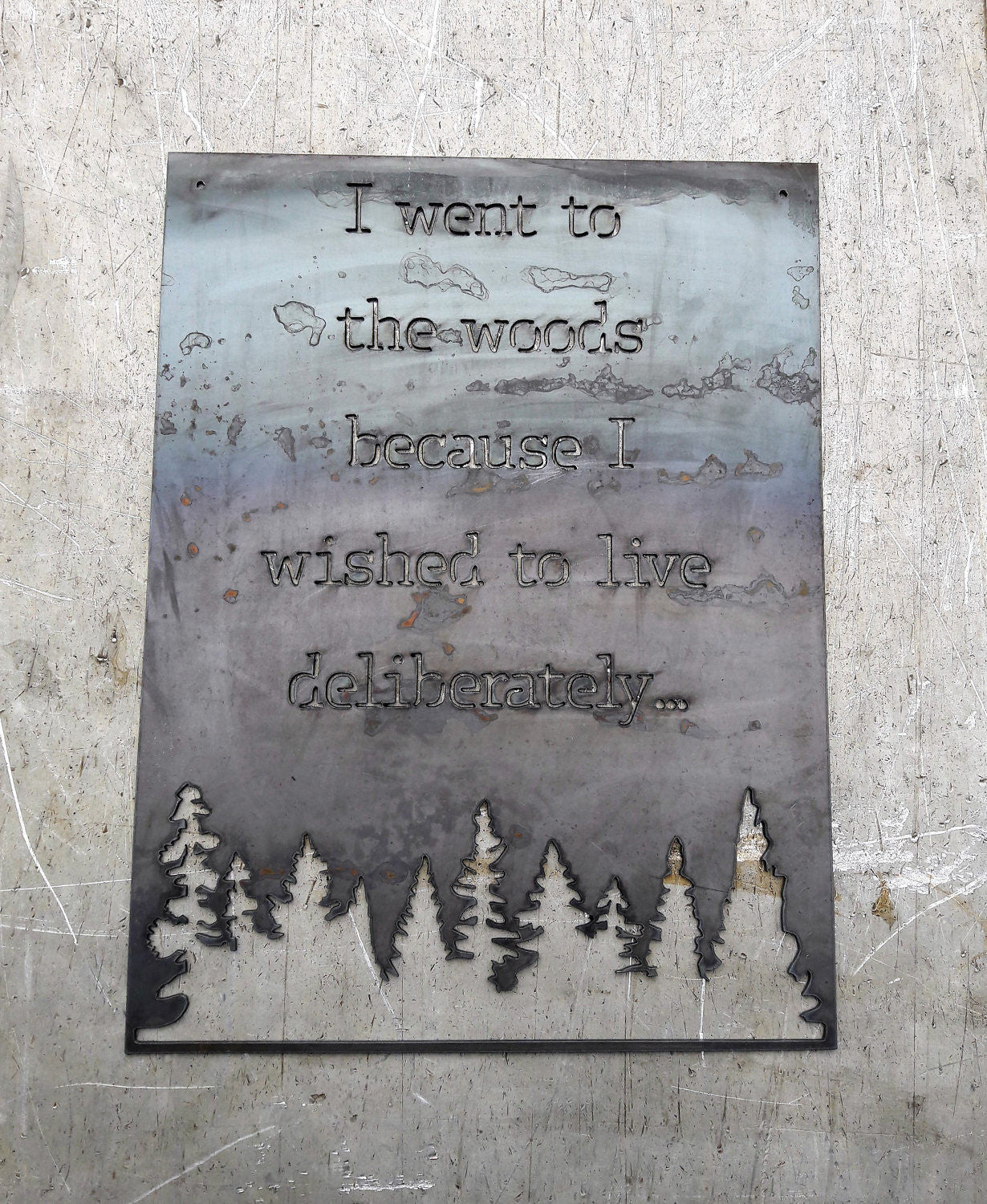 Rectangle metal sign, with a famous quote said by David Thoreau which reads, "I Went to the Woods because I Wished to Live Deliberately..."