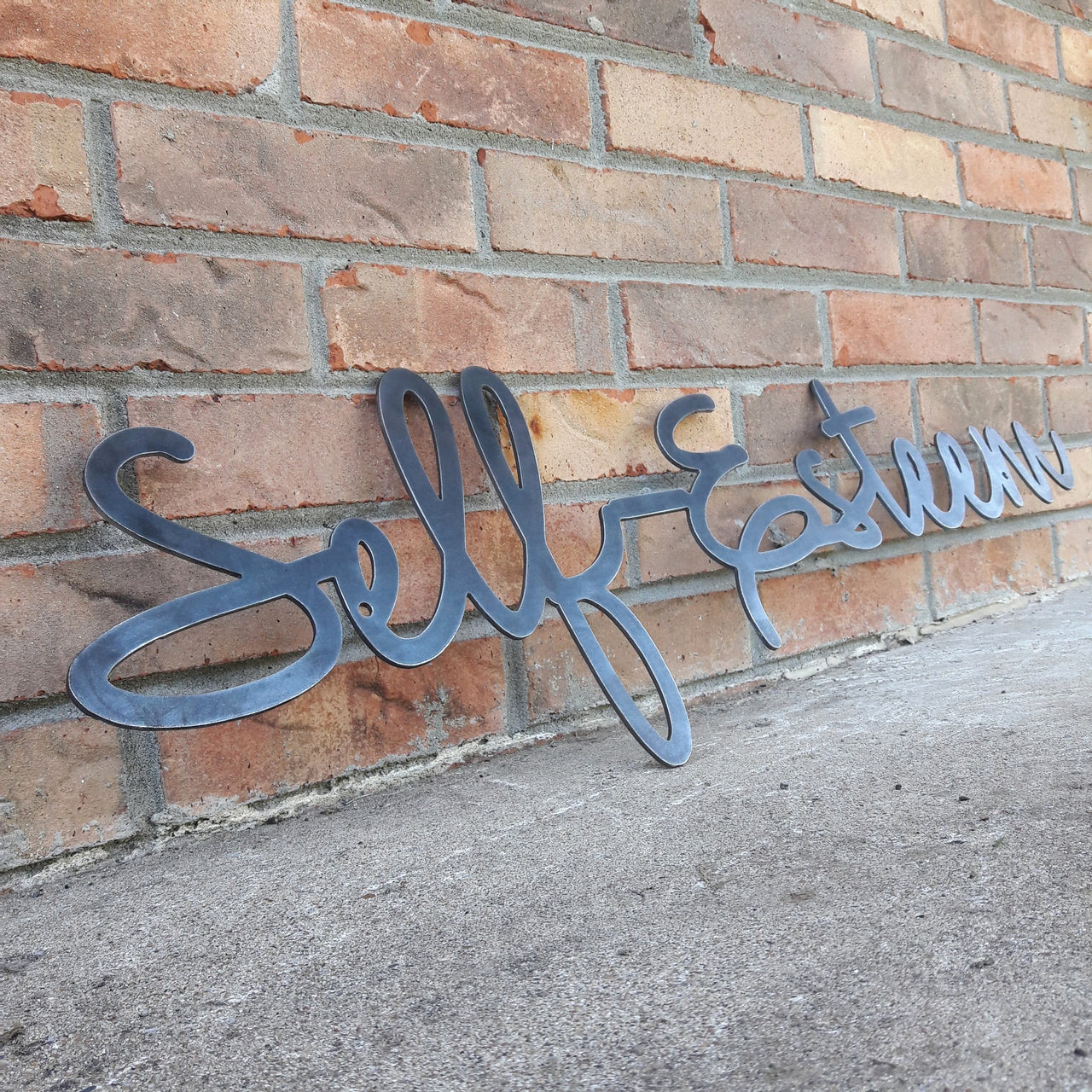 This custom metal sign is a cursive word and reads, "Self-Esteem".