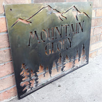 Thumbnail for Personalized Metal Mountain Sign - Cabin, Tree House, Clubhouse Wall Art - Mountains, Pine Trees